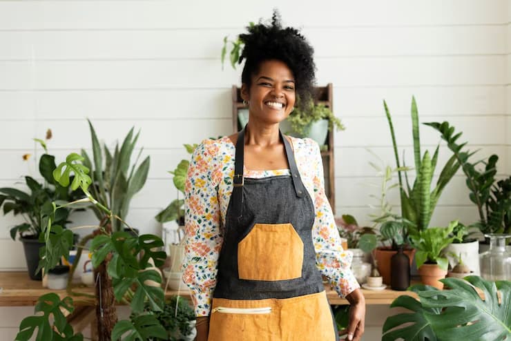 Happy small-business owner standing in her shop